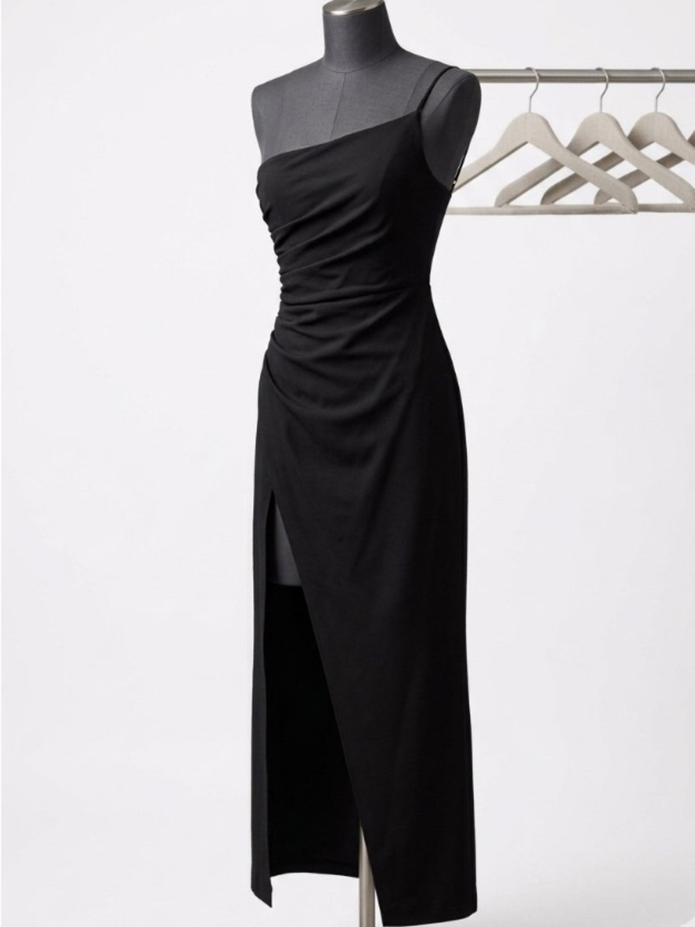 Zara Black Asymmetrical One-Shoulder Ruched Midi Dress #22
